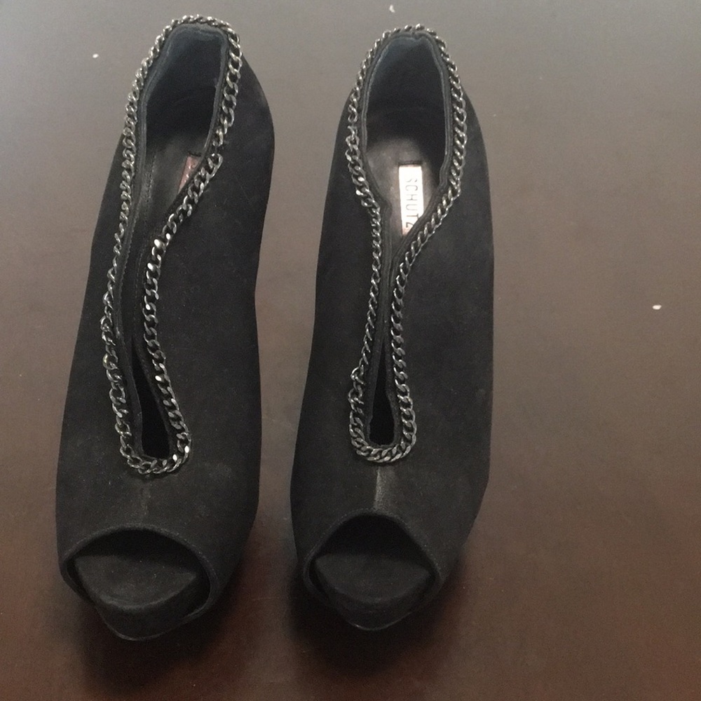 Black open toe Schutz booties